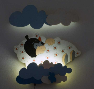 Dětská LED lampička na zeď - Krtek v peřinách s dálkovým ovladačem
